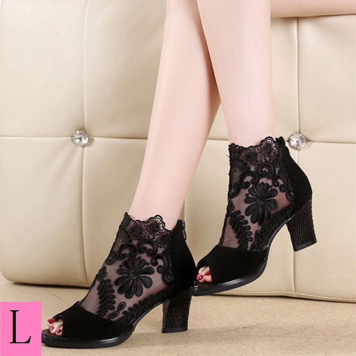 Sandal Cao Gót Hở Ngón Phối Ren Lưới Thoáng Khí Phong Cách Mới 2023 Cho Nữ