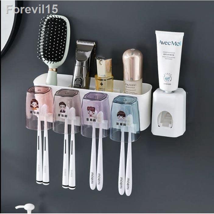 Kệ để bàn chải nhả kem đánh răng tự động thông minh giá treo 4 cốc để đồ dán tường dùng cho nhà tắm