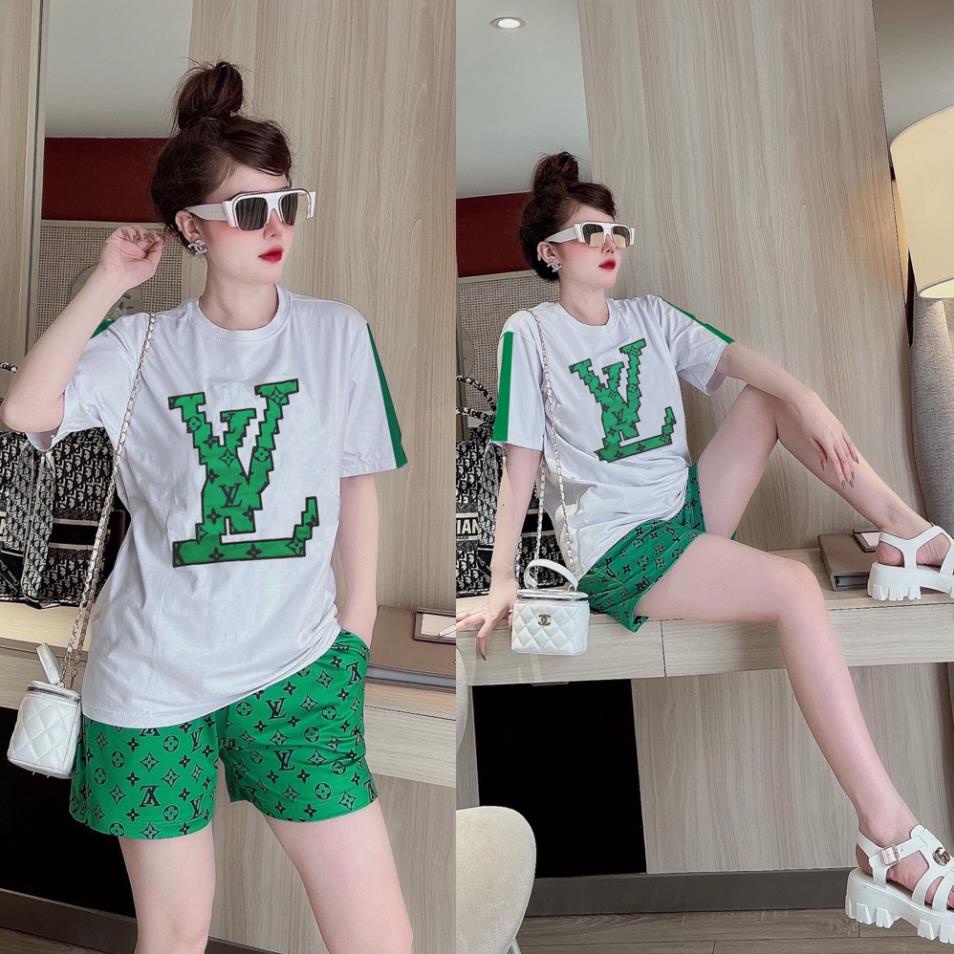 Đồ bộ thun đùi in 3D áo logo thêu phối xanh họa tiết (2 màu 4 size) [NNTT0523]