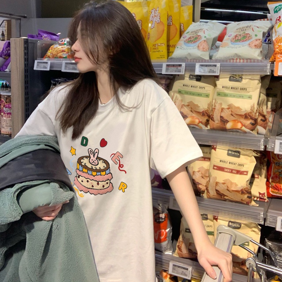 Jiashucheng Áo Thun Cotton Ngắn Tay Dáng Rộng Phong Cách Hàn Quốc Dễ Phối Đồ Cho Nữ