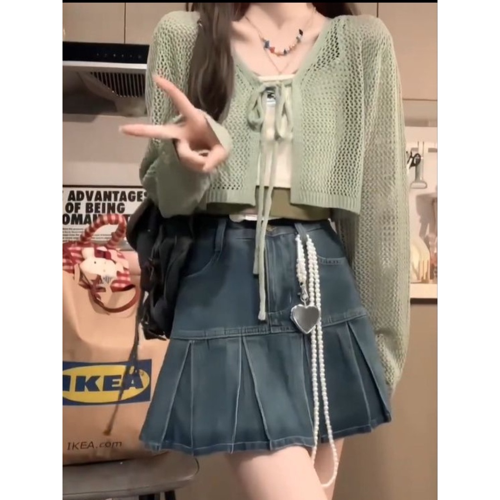 Bộ Áo Cardigan Dệt Kim Màu Sắc Tương Phản Phối Chân Váy Denim Xếp Ly Lưng Cao Thời Trang Mùa Hè Cho Nữ