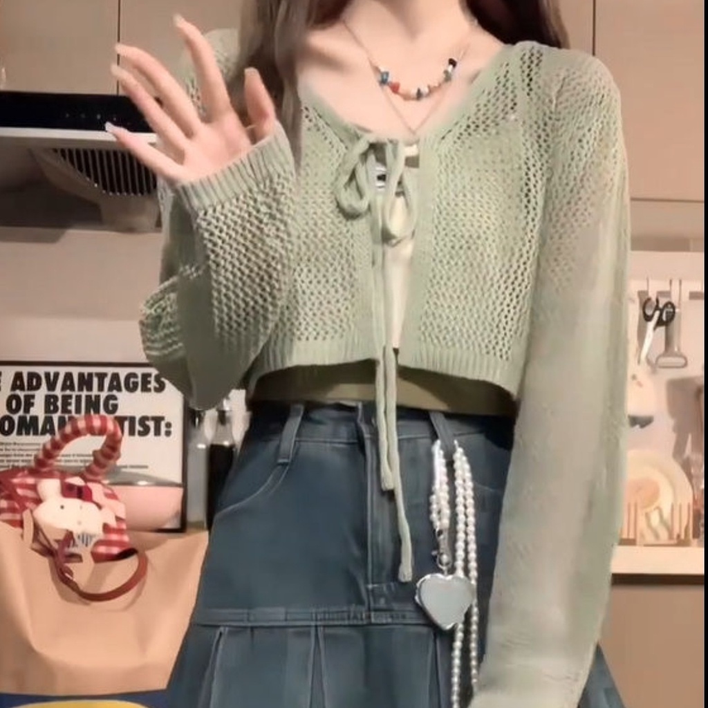 Bộ Áo Cardigan Dệt Kim Màu Sắc Tương Phản Phối Chân Váy Denim Xếp Ly Lưng Cao Thời Trang Mùa Hè Cho Nữ