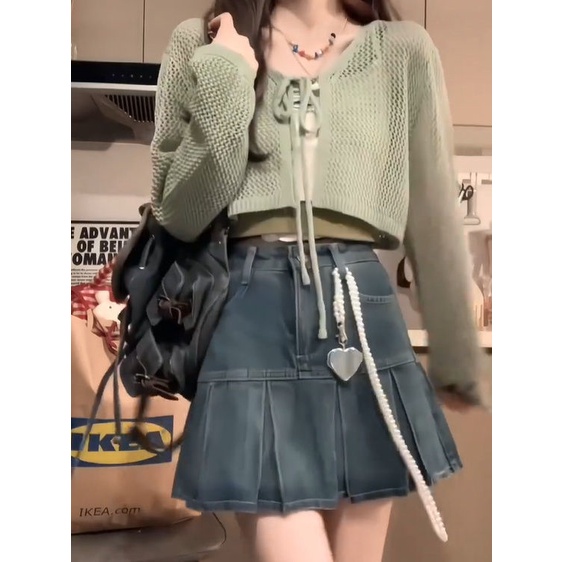 Bộ Áo Cardigan Dệt Kim Màu Sắc Tương Phản Phối Chân Váy Denim Xếp Ly Lưng Cao Thời Trang Mùa Hè Cho Nữ