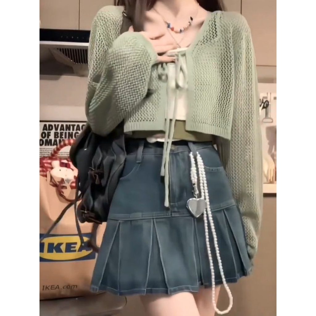 Bộ Áo Cardigan Dệt Kim Màu Sắc Tương Phản Phối Chân Váy Denim Xếp Ly Lưng Cao Thời Trang Mùa Hè Cho Nữ