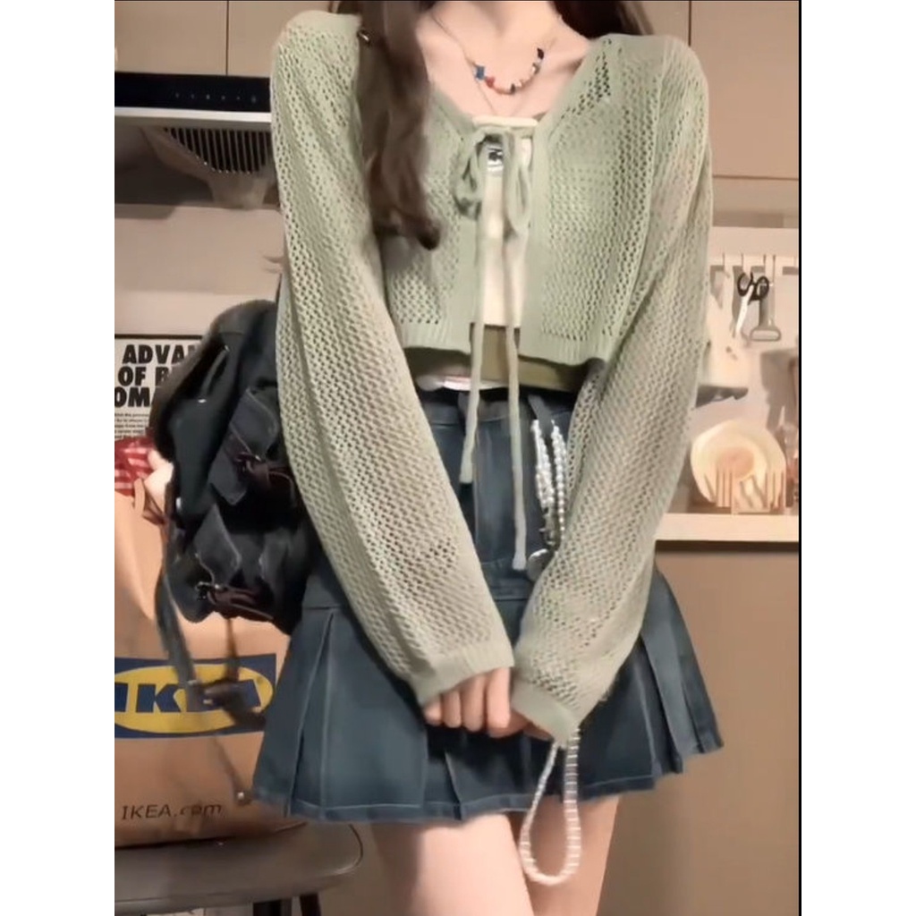 Bộ Áo Cardigan Dệt Kim Màu Sắc Tương Phản Phối Chân Váy Denim Xếp Ly Lưng Cao Thời Trang Mùa Hè Cho Nữ