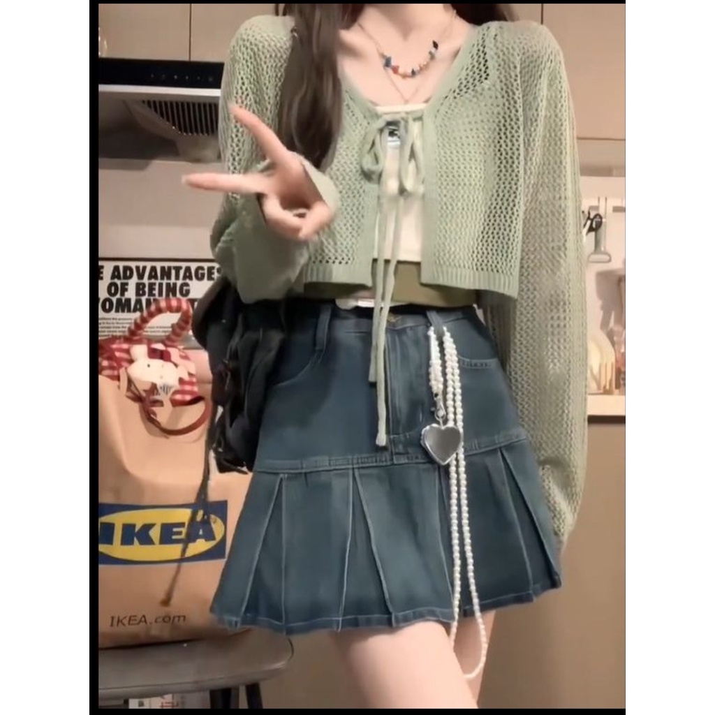 Bộ Áo Cardigan Dệt Kim Màu Sắc Tương Phản Phối Chân Váy Denim Xếp Ly Lưng Cao Thời Trang Mùa Hè Cho Nữ