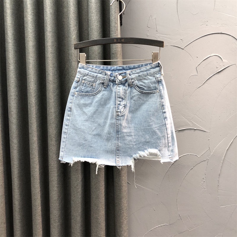 Jiashucheng Chân Váy Denim Chữ A Lưng Cao Dáng Ôm Thiết Kế Rách Thời Trang Mùa Hè Cá Tính Cho Nữ