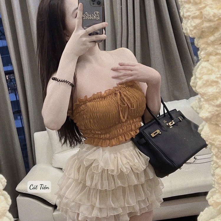 Set bộ thời trang nữ áo voan ống croptop nhún thắt nơ mix chân váy ngắn nhiều tầng siêu sành điệu