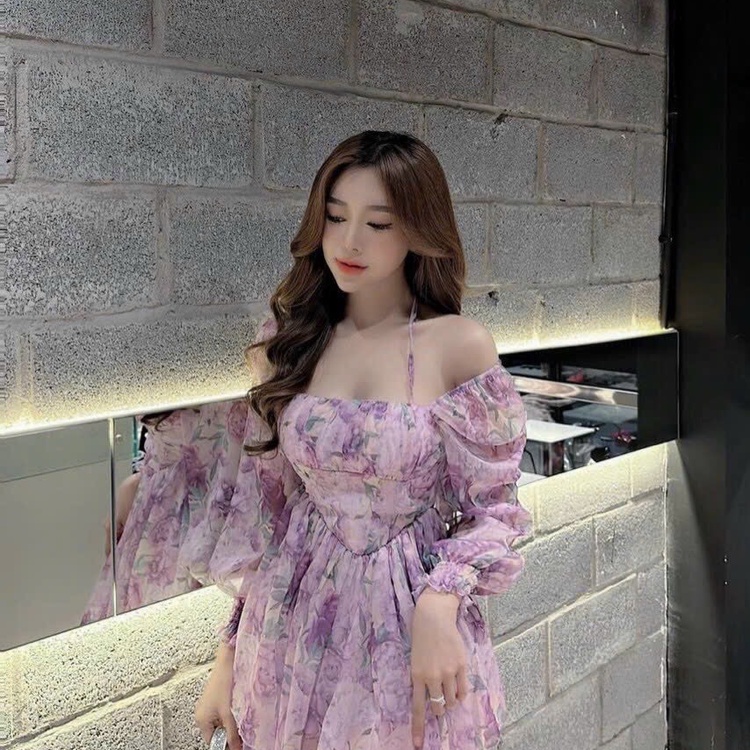 Đầm váy voan hoa tay dài phồng cọt dây dáng váy mini xòe chiết eo xinh dành cho các bạn nữu diện đi chơi