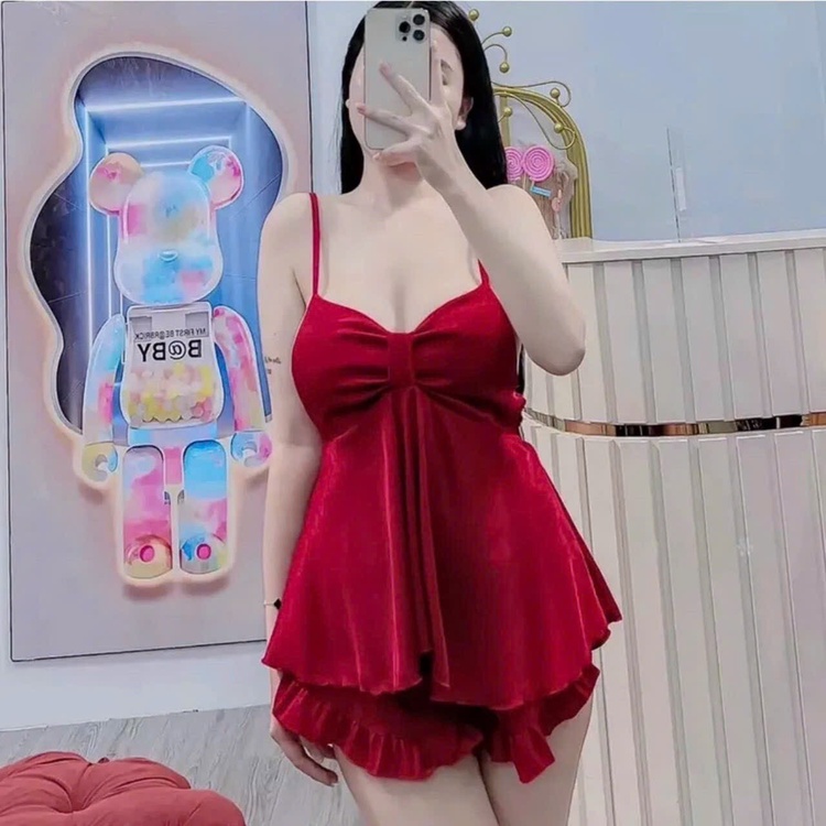 Set bộ đồ ngủ 2 dây nơ ngực dễ thương, chất lụa gấm xước kèm quần đùi cọc có đủ màu