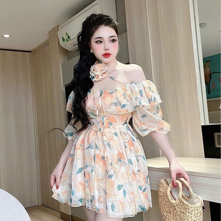 Đầm voan hoa tay lỡ bẹt trễ vai bèo tầng tay phồng dáng váy mini xòe đính nơ có lót trong cực xinh