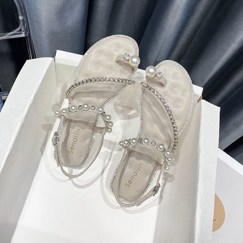Dép Sandal Hở Ngón Đế Bằng Đính Đá Ngọc Trai Thời Trang Mùa Hè Hàn Quốc 2022 Cho Nữ