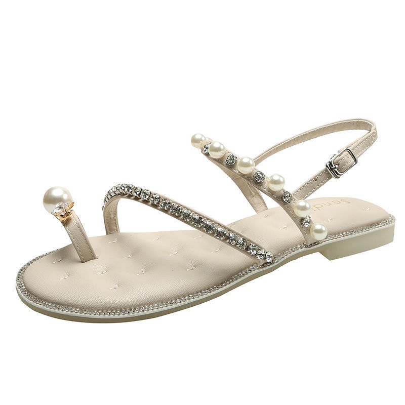 Dép Sandal Hở Ngón Đế Bằng Đính Đá Ngọc Trai Thời Trang Mùa Hè Hàn Quốc 2022 Cho Nữ