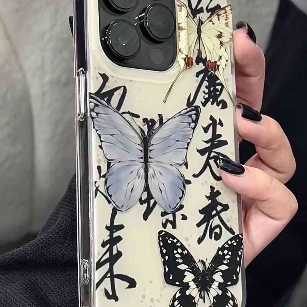 Ốp Điện Thoại Trong Suốt Chống Sốc Họa Tiết Bướm Và Chữ Trung Hoa Cho Iphone 14Pro xr 13 / 12 xs 11 7p
