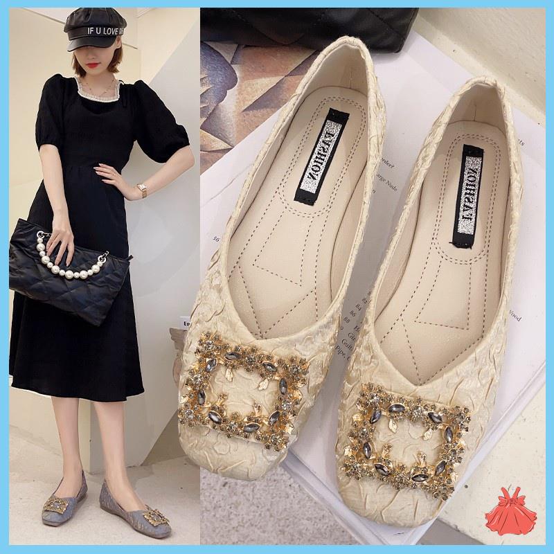 Giày Búp Bê Đế Bệt Mềm Mại Miệng Nông Xếp Ly Khóa