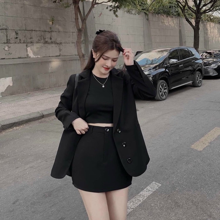 Set Cotton Lạnh 3 Món Lót Bozip Mềm Mịn , Áp Khoác Blâz Chân Váy Mini Kèm Áo Thun Croptop , 4 Màu Đen Hồng , Nâu Trắng
