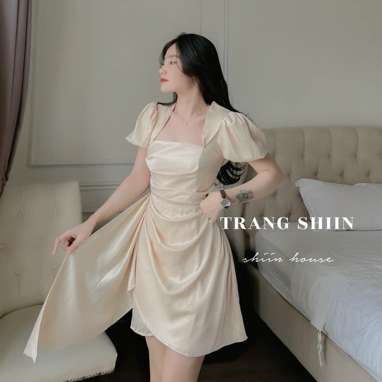 Đầm Tapta Tay Ngắn Phồng Cổ Vuông Dáng Mini , Có Chiết Eo , 2 Màu Trắng Nâu