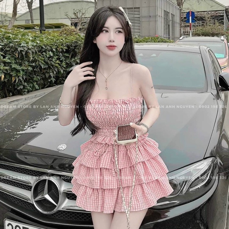 Set Váy Xốp Áo 2 Dây Nhún Ngực Kèm Chân Váy Mini Xòe Họa Tiết Kẻ Sọc Xòe Tầng , 2 Màu Hồng Nhạt , Đậm