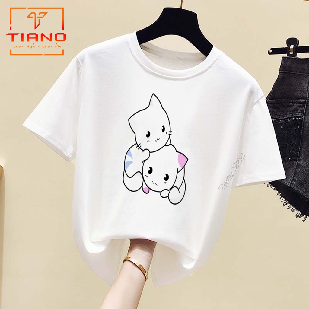 Áo Thun Tay Ngắn Hai Con Mèo AT-006 - Tiano - Thiết Kế Dễ Thương - Áo Thun Nam - Áo Thun Nữ