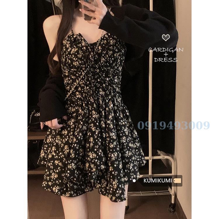 Đầm xoè Hoa Nhỏ Màu Đen Kiểu Pháp Trang Phục Nữ Váy Ngắn Thắt Eo Dáng Nhỏ Mùa Hè Váy Hai Dây Cổ Chữ V LIZ FASHION