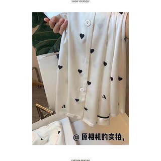 Bộ ngủ lụa pyjama hàng QC chất liệu lụa satin hình trái tim cho nữ!