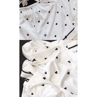 Bộ ngủ lụa pyjama hàng QC chất liệu lụa satin hình trái tim cho nữ!