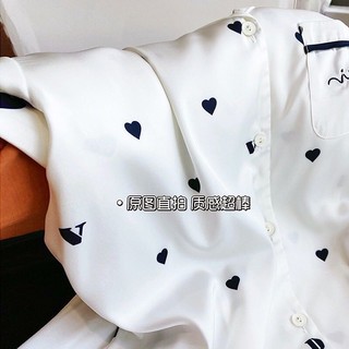 Bộ ngủ lụa pyjama hàng QC chất liệu lụa satin hình trái tim cho nữ!