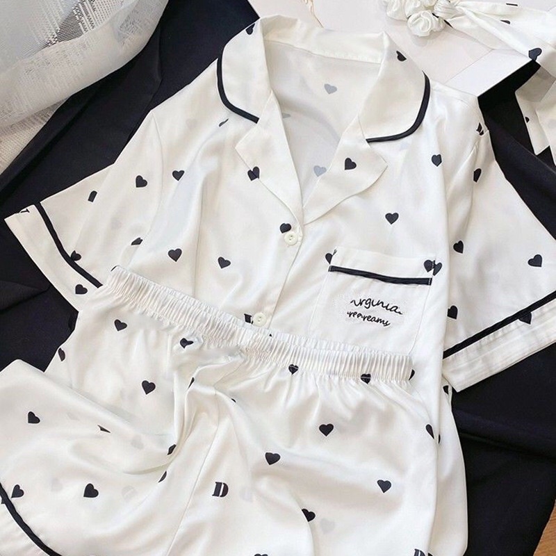 Bộ ngủ lụa pyjama hàng QC chất liệu lụa satin hình trái tim cho nữ!