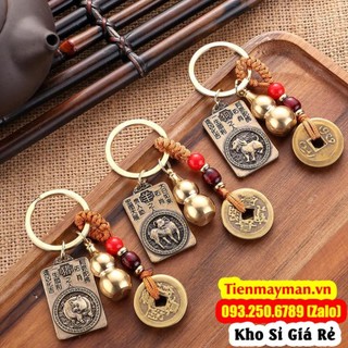 Móc Khóa 12 con Giáp phong thủy bằng đồng thau, mặt sau hình phật Bản Mệnh