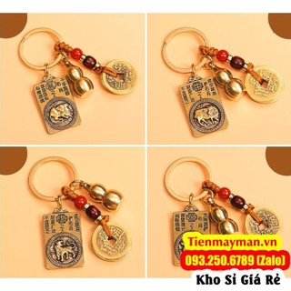 Móc Khóa 12 con Giáp phong thủy bằng đồng thau, mặt sau hình phật Bản Mệnh