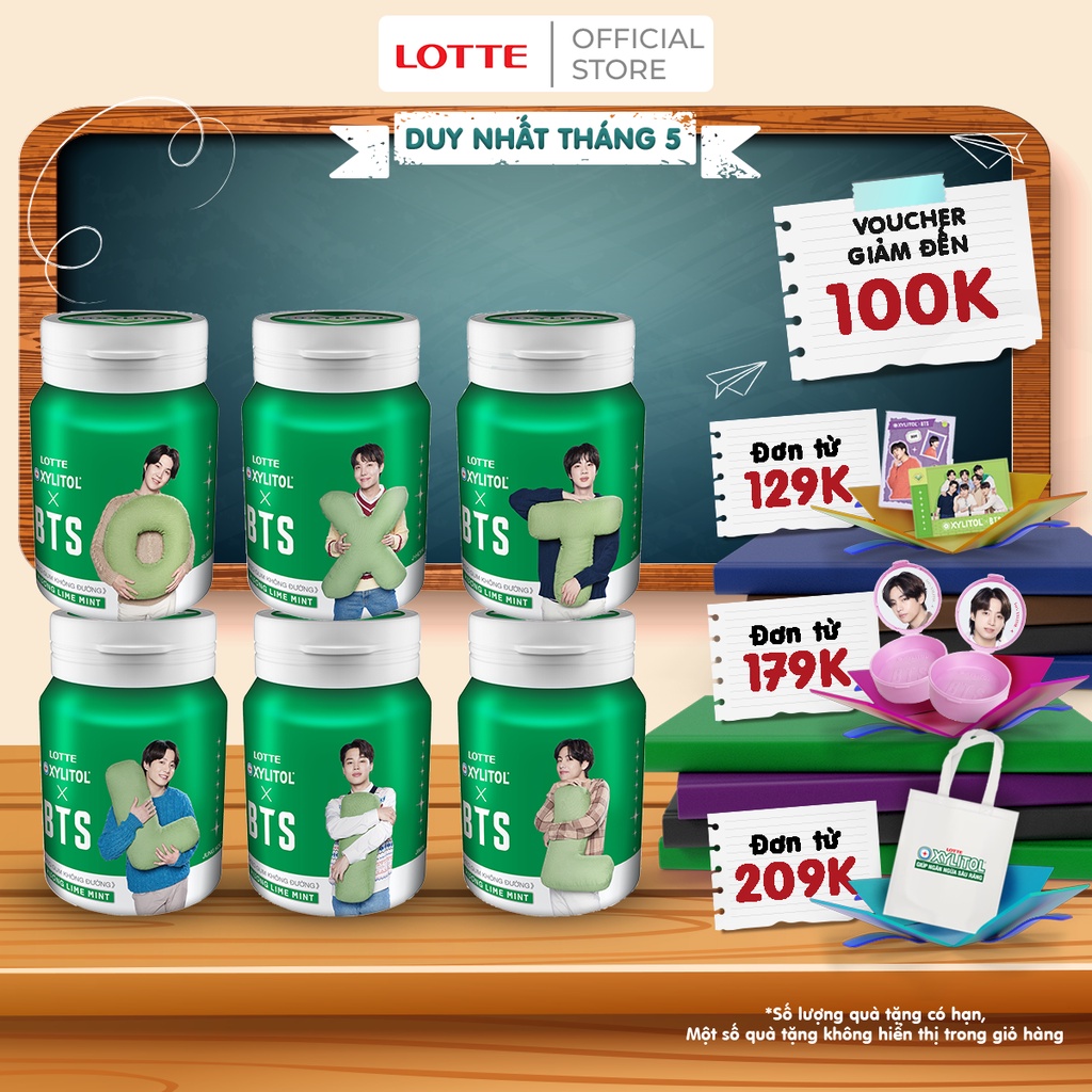 Combo 6 Kẹo Gum không đường Lotte Xylitol - Hương Lime Mint 58 g