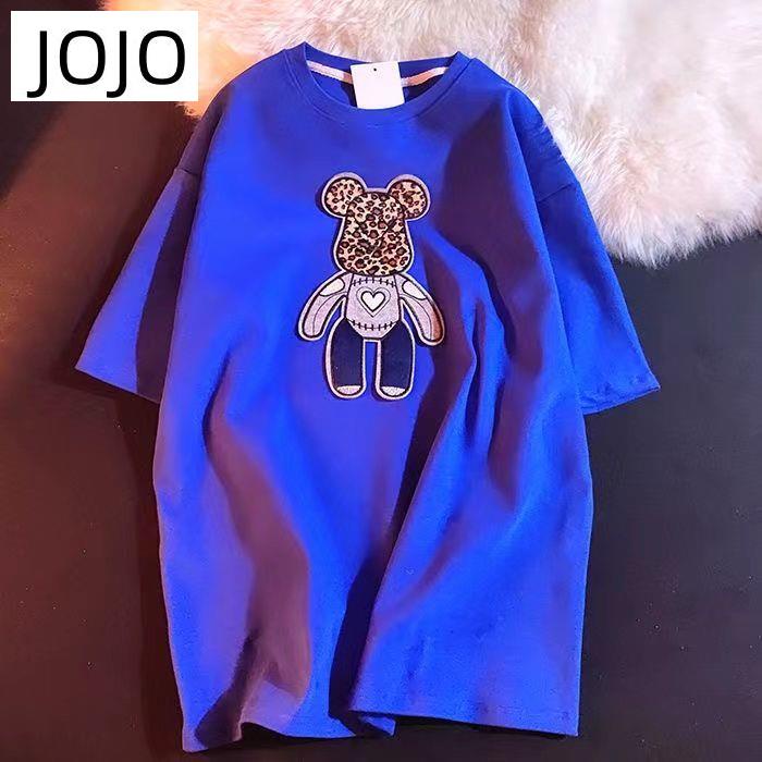 Áo Thun Nữ Ngắn Tay Cổ Tròn Thêu Hình Gấu Và Da Báo Phong Cách Mới