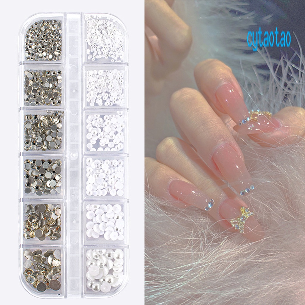 Hộp 12 Ngăn Đựng Hạt Đá / Ngọc Trai / Đá 3D Tự Trang Trí Móng Tay Sau Lưng