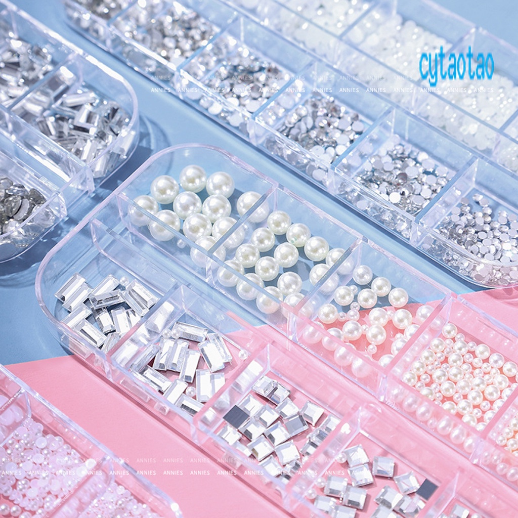 Hộp 12 Ngăn Đựng Hạt Đá / Ngọc Trai / Đá 3D Tự Trang Trí Móng Tay Sau Lưng