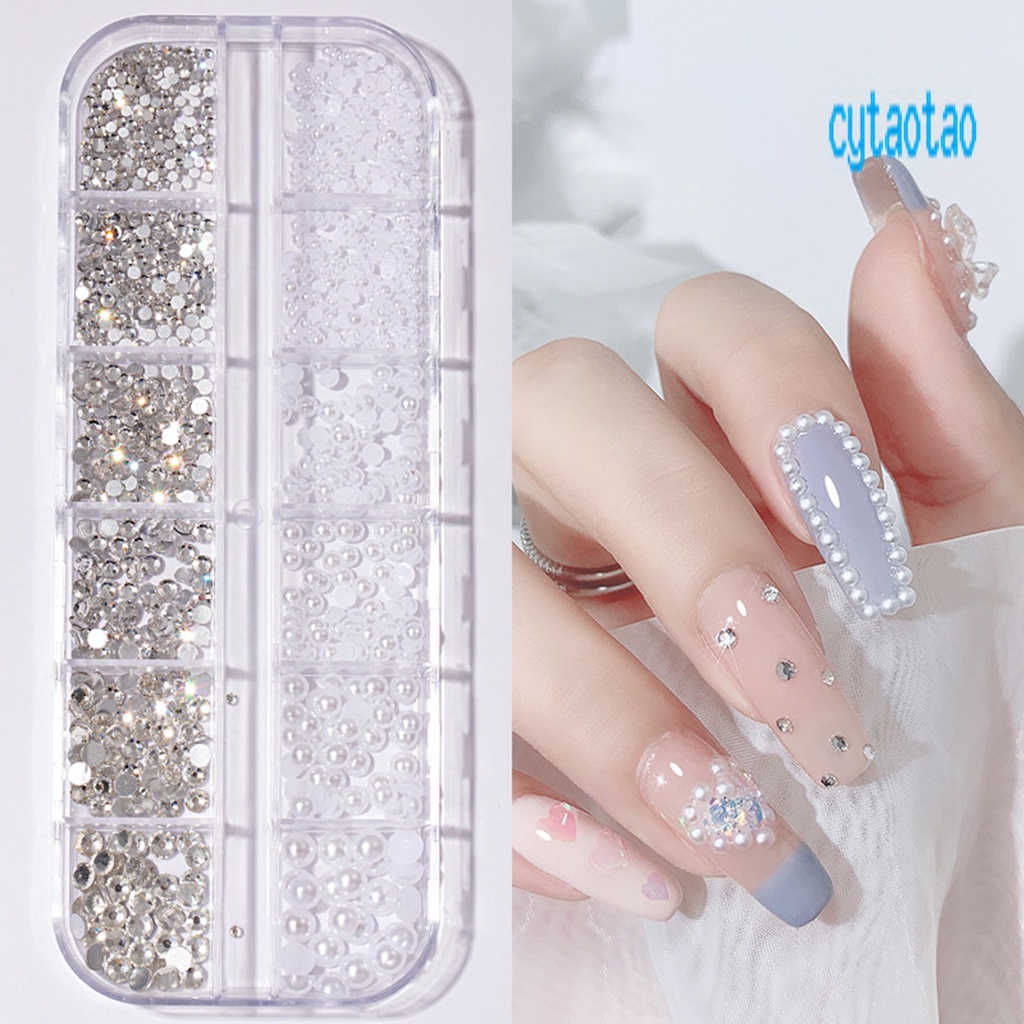 Hộp 12 Ngăn Đựng Hạt Đá / Ngọc Trai / Đá 3D Tự Trang Trí Móng Tay Sau Lưng