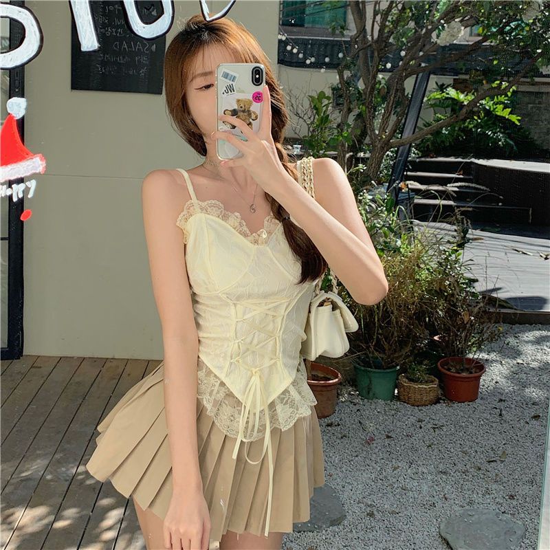 Áo Hai Dây Phối Ren Màu Trơn Phong Cách Hàn Quốc Quyến Rũ Cho Nữ