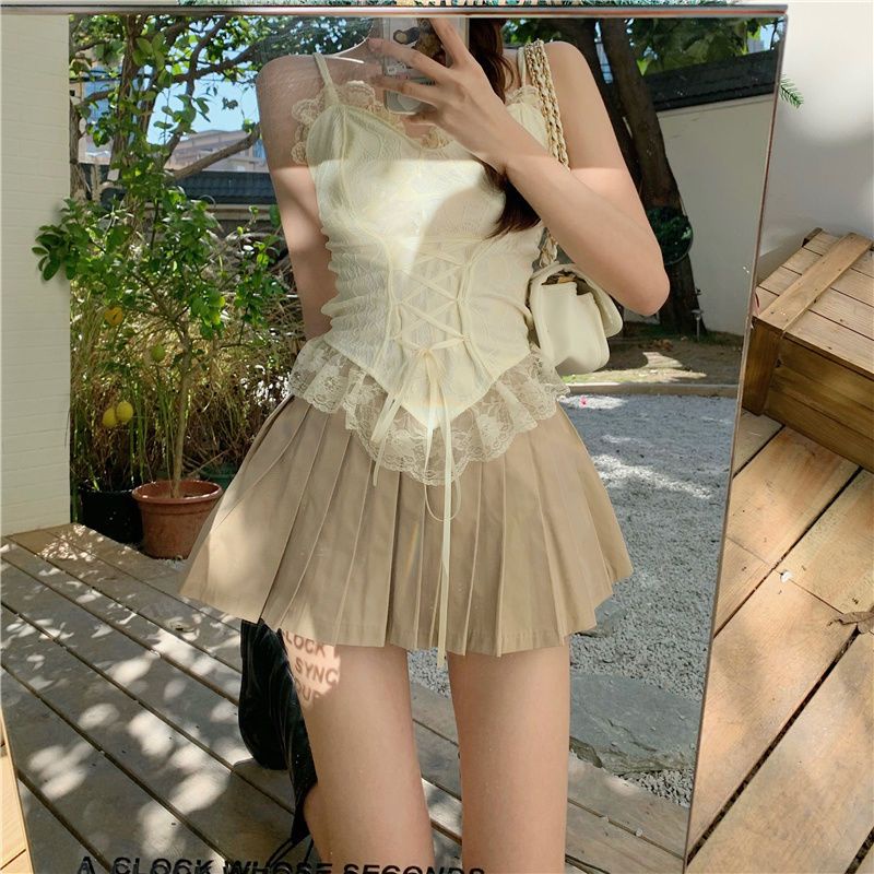 Áo Hai Dây Phối Ren Màu Trơn Phong Cách Hàn Quốc Quyến Rũ Cho Nữ