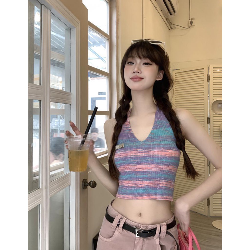 Áo Hai Dây Kẻ Sọc Nhiều Màu Sắc Zhao Lusi Phong Cách Thái Lan Cho Nữ Mặc Vào Mùa Hè