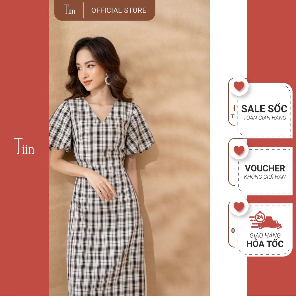 Váy caro đen cổ V tay bồng nơ sau TIIN STORE V0T450