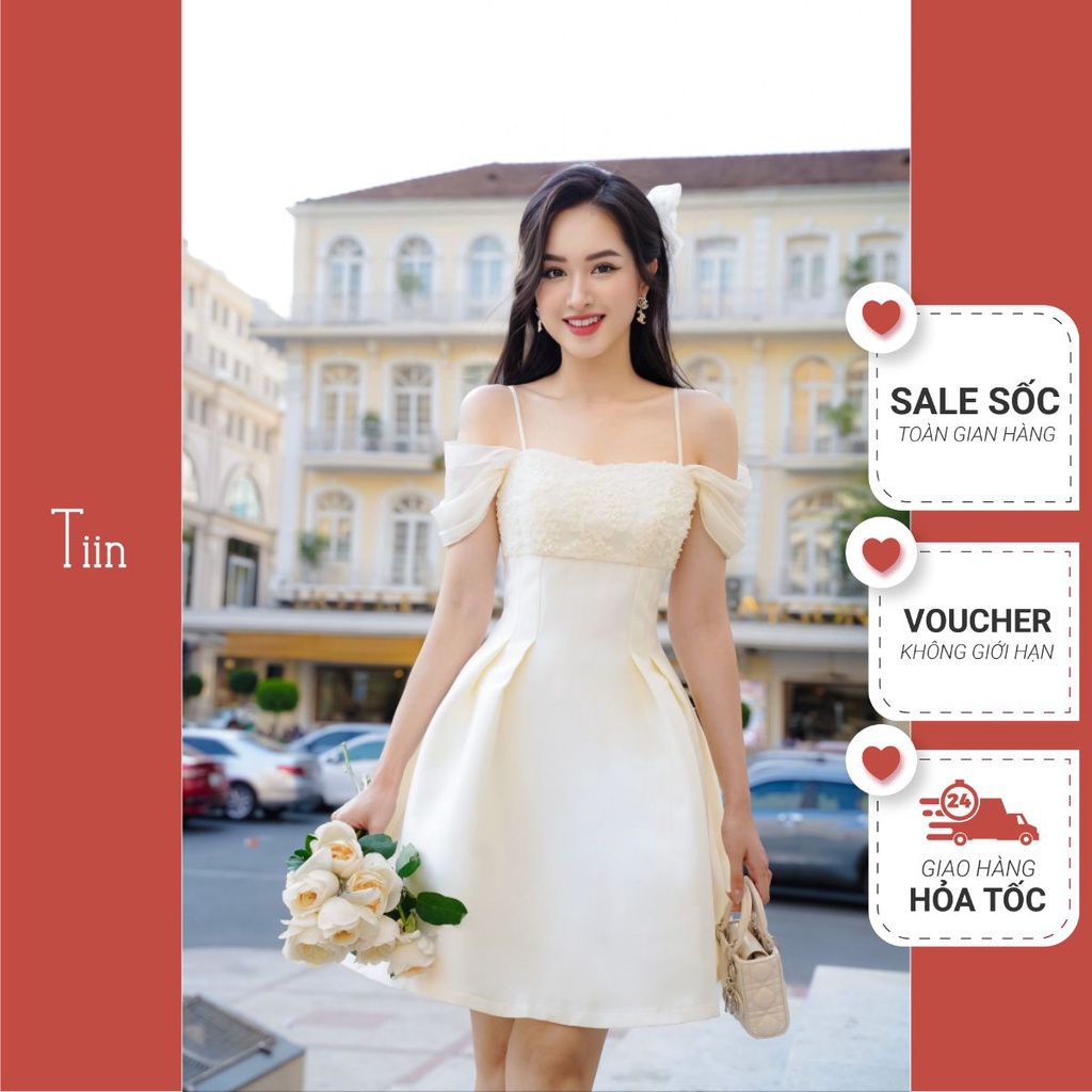 Váy hai dây đầm hai dây trễ vai cúp ngực Tafta phối tơ chân váy xếp phồng tôn dáng sang trọng nữ tính TIINSTORE V0D798