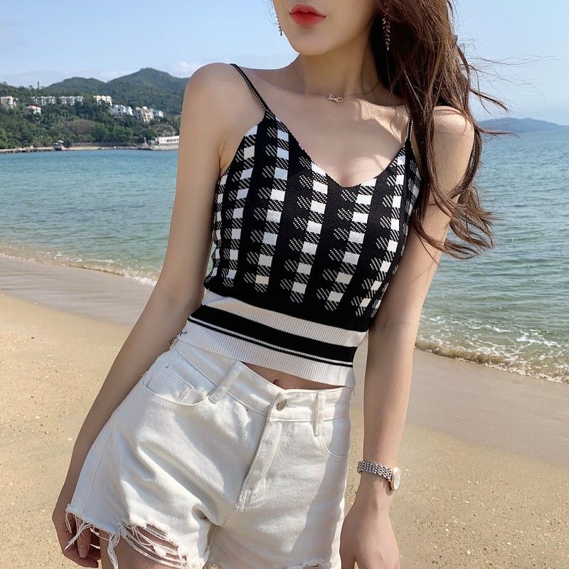 Áo Croptop Hai Dây Cổ Chữ V Họa Tiết Sọc Caro Phong Cách Retro Hong Kong Thời Trang Xuân Hè Mới Cho Nữ