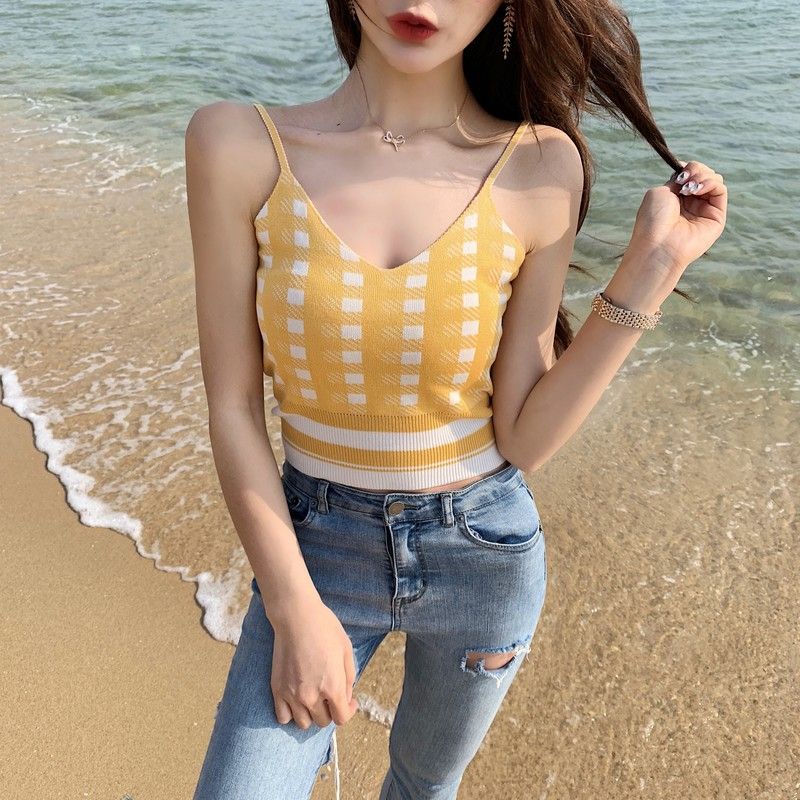 Áo Croptop Hai Dây Cổ Chữ V Họa Tiết Sọc Caro Phong Cách Retro Hong Kong Thời Trang Xuân Hè Mới Cho Nữ