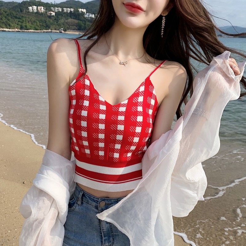 Áo Croptop Hai Dây Cổ Chữ V Họa Tiết Sọc Caro Phong Cách Retro Hong Kong Thời Trang Xuân Hè Mới Cho Nữ