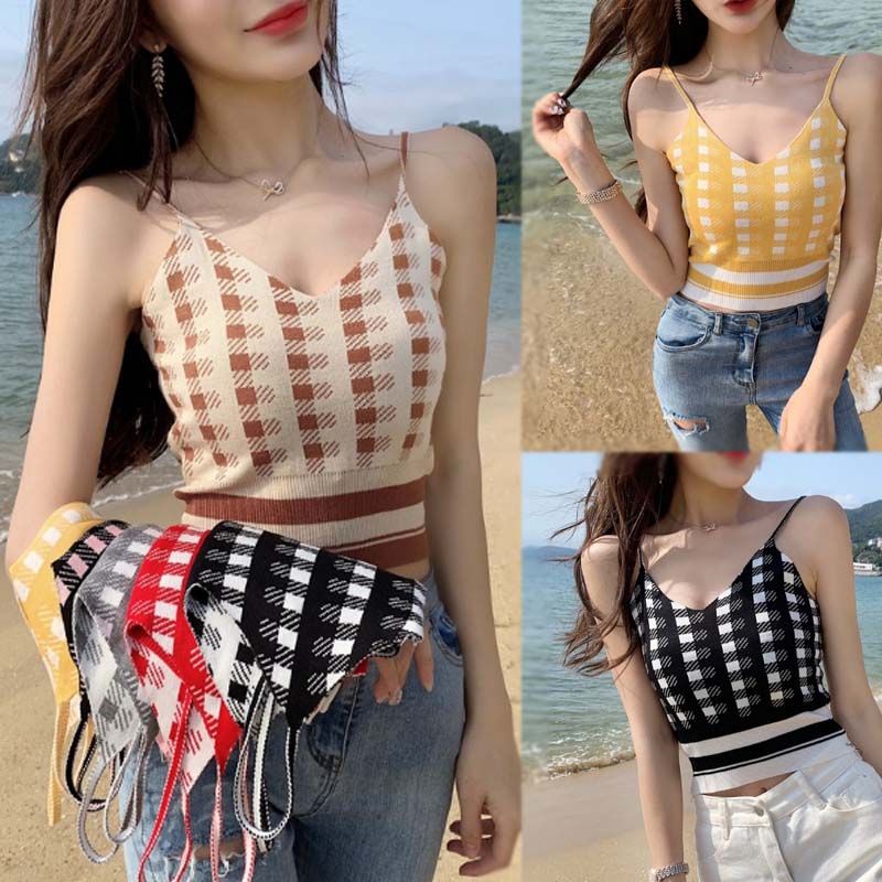 Áo Croptop Hai Dây Cổ Chữ V Họa Tiết Sọc Caro Phong Cách Retro Hong Kong Thời Trang Xuân Hè Mới Cho Nữ