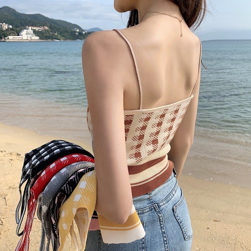 Áo Croptop Hai Dây Cổ Chữ V Họa Tiết Sọc Caro Phong Cách Retro Hong Kong Thời Trang Xuân Hè Mới Cho Nữ