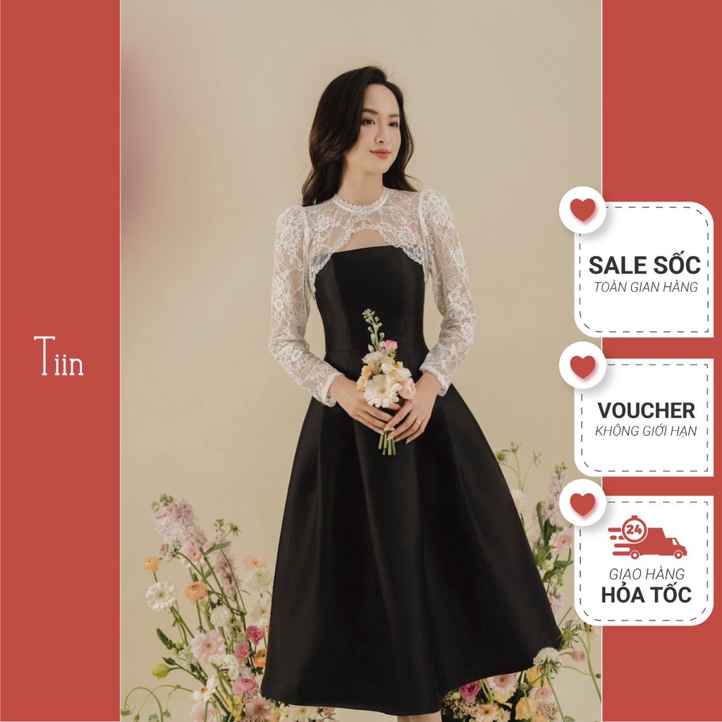 Váy phối ren chân xoè chiết ly váy dự tiệc thanh lịch sang trọng trắng đen TIINSTORE VHD736