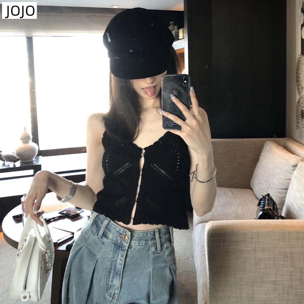 Áo Dệt Kim Sát Nách Màu Đen Phong Cách Hong Kong Thời Trang Mùa Hè Cho Nữ