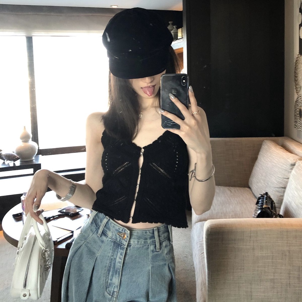 Áo Dệt Kim Sát Nách Màu Đen Phong Cách Hong Kong Thời Trang Mùa Hè Cho Nữ