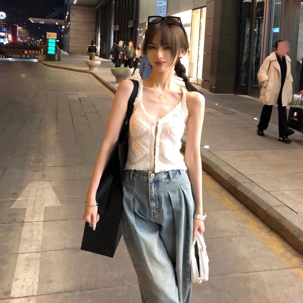 Áo Dệt Kim Sát Nách Màu Đen Phong Cách Hong Kong Thời Trang Mùa Hè Cho Nữ