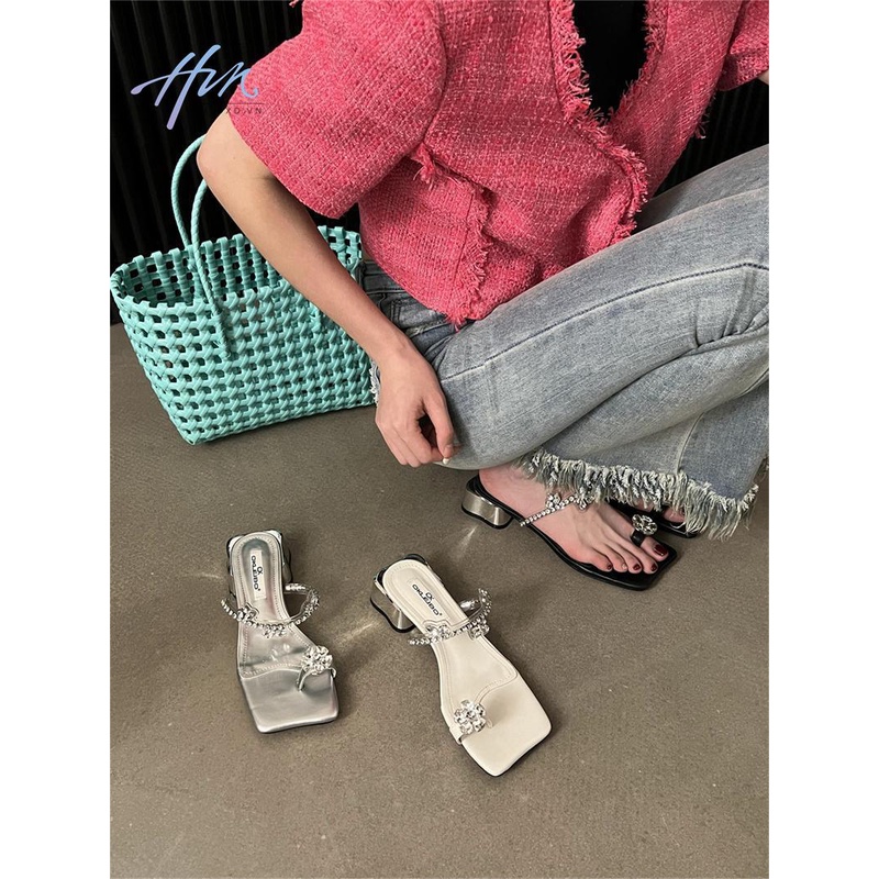 Giày Sandal Mũi Vuông Đính Đá Thời Trang Xuân Hè Mới Cho Nữ